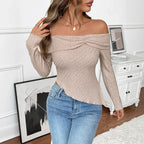 Women's Knitted Solid Color Long Sleeve Off Shoulder Irregular Hem - DanaFashionstore