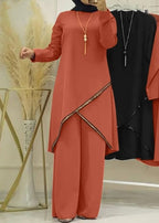 O-collar Long Sleeve Shirt Wide Leg Pants Suit Casual Women's Suit