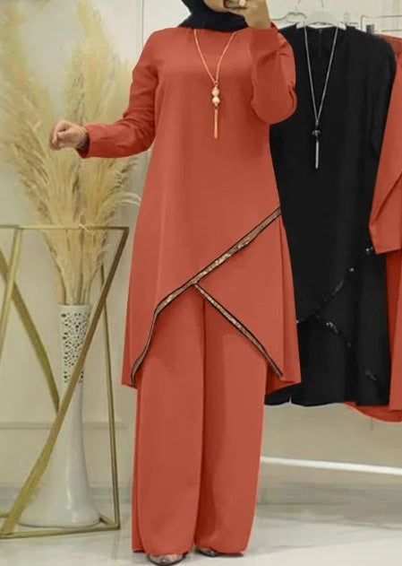 O-collar Long Sleeve Shirt Wide Leg Pants Suit Casual Women's Suit