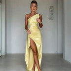 Sexy One-shoulder Backless Slit Dress Summer Elegant Slim-fit Solid Color Satin Dresses For Women - DanaFashionstore