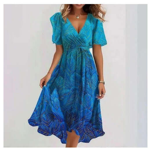 Chiffon Printed Short Sleeve Dress Summer Elegant V-neck Dresses Womens Clothing $49.92 Dana Fashion Color: Gradient Blue Size: L Women's clothing Overview: Unique design, stylish and beautiful. Good material, comfortable wear. A variety of colors, any ch