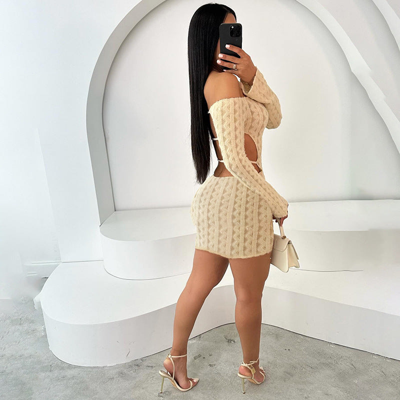 Solid Color High Waist Slim Fit Backless Off-shoulder Dress - Dana Fashion