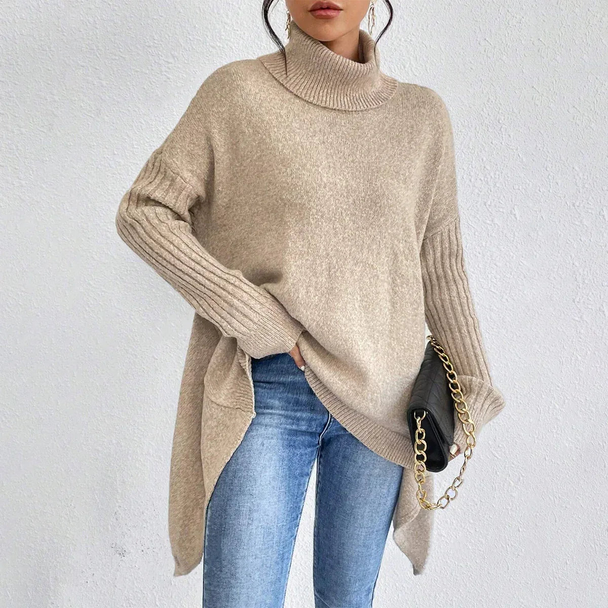 Irregular Turtleneck Sweater Winter Loose Long Sleeve Knitted Tops Leisure Warm Pullover Sweater Women's Clothing - DanaFashionstore