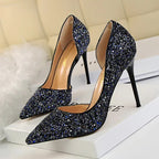 Skinny Women's Shoes Stiletto Heel Shallow Mouth Pointed Side Hollow-out Sequin - DanaFashionstore