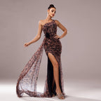 One-shoulder Diagonal Collar Leopard Sequined Evening Dress - DanaFashionstore