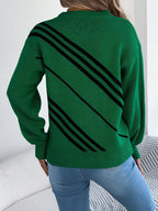 Women Casual Striped Round Neck Lantern Sleeve Long Sleeve Pullover Sweater - DanaFashionstore