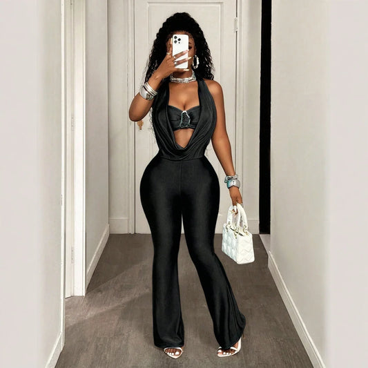 Women's Fashion Solid-Color High-Waist Sleeveless Halter Jumpsuit - DanaFashionstore