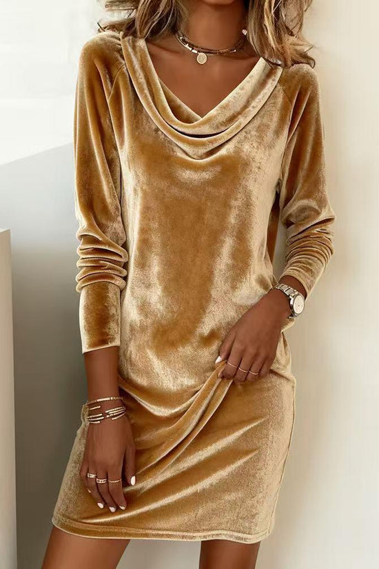 Elegant Solid Color Swing Collar Long Sleeved Velvet Dress Temperament Gentle Skirts For Women Cocktail Party Formal Dresses - DanaFashionstore