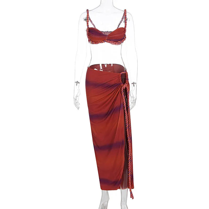 Sexy Fashion Beach Swimsuit Woven Halter Top Top Split Skirt Suit - DanaFashionstore