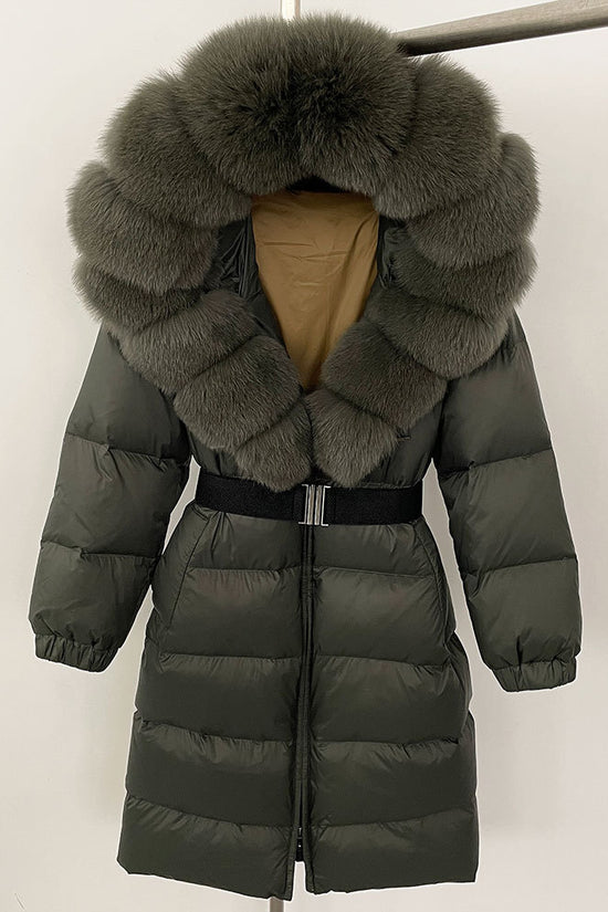 Women's Long Cinched Hoodie Real Fox Fur Collar Coat