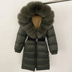 Women's Long Cinched Hoodie Real Fox Fur Collar Coat 2026 - Winter Jacket - DanaFashionstore