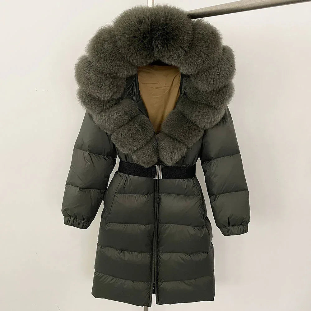 Women's Long Cinched Hoodie Real Fox Fur Collar Coat 2026 - Winter Jacket - DanaFashionstore