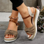 New Thick-soled Bow Sandals Summer Fashion Casual Linen Buckle Wedges Shoes For Women - DanaFashionstore