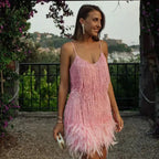 Sexy Tassel Sequins Feather Summer Mini Dress Women V Neck Spaghetti Strap Stitching Dresses Female Elegant Evening Party Club Dress - DanaFashionstore