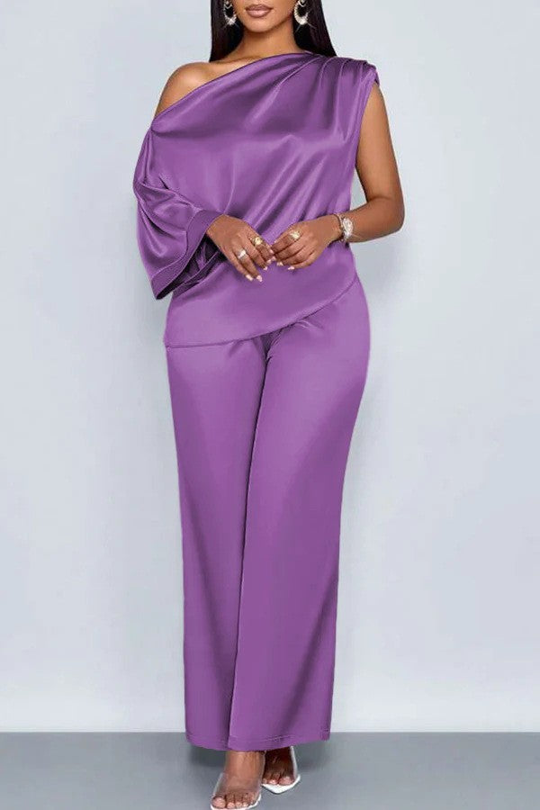 Spot 2026 European And American Cross-border Summer Casual Women's Satin Suit Slanted Collar Short-sleeved Top Trousers Set