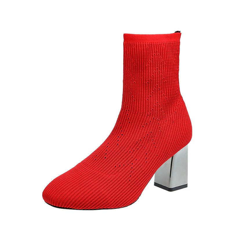 Elastic boots women high heels $55.90 Dana Fashion Color: Black Size: 34 Women's shoes Brand: other/other Closed way: sleeve Size: 34 35 36 37 38 39 40 Style: European and American Tube height: short tube Popular elements: mesh Heel height: flat heel (les