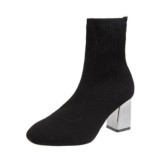Elastic boots women high heels $55.90 Dana Fashion Color: Black Size: 34 Women's shoes Brand: other/other Closed way: sleeve Size: 34 35 36 37 38 39 40 Style: European and American Tube height: short tube Popular elements: mesh Heel height: flat heel (les