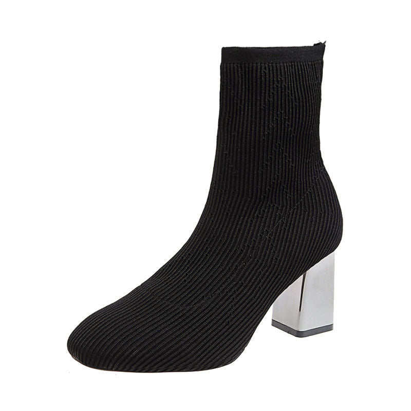 Elastic boots women high heels $55.90 Dana Fashion Color: Black Size: 34 Women's shoes Brand: other/other Closed way: sleeve Size: 34 35 36 37 38 39 40 Style: European and American Tube height: short tube Popular elements: mesh Heel height: flat heel (les