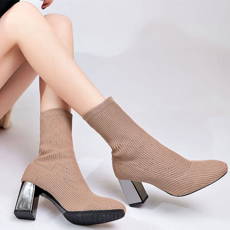 Elastic boots women high heels $55.90 Dana Fashion Color: Khaki Size: 34 Women's shoes Brand: other/other Closed way: sleeve Size: 34 35 36 37 38 39 40 Style: European and American Tube height: short tube Popular elements: mesh Heel height: flat heel (les
