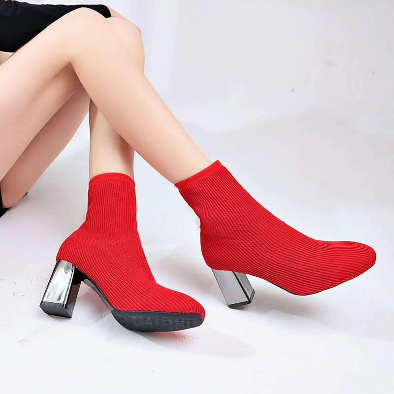 Elastic boots women high heels $55.90 Dana Fashion Color: Red Size: 34 Women's shoes Brand: other/other Closed way: sleeve Size: 34 35 36 37 38 39 40 Style: European and American Tube height: short tube Popular elements: mesh Heel height: flat heel (less