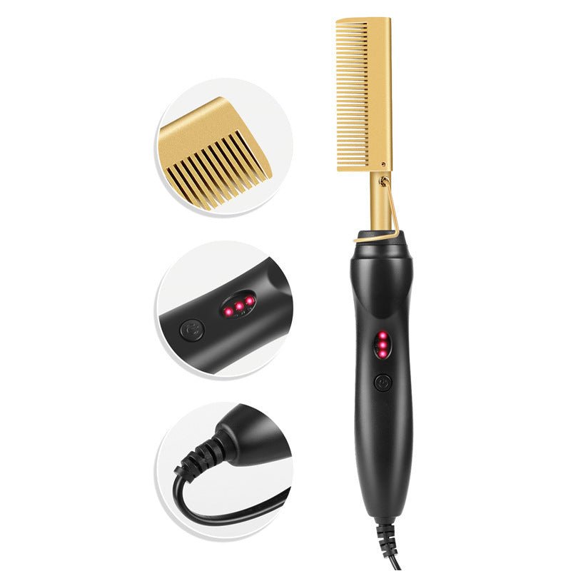 Electric Curling Comb Household Curling Stick Wet and Dry Copper Comb $29.00 Dana Fashion Color: Gold style: AU Beauty Tools Overview: Ceramic hot comb: With the help of ceramic technology, the electric comb can provide even heat, keep the hair shiny, and