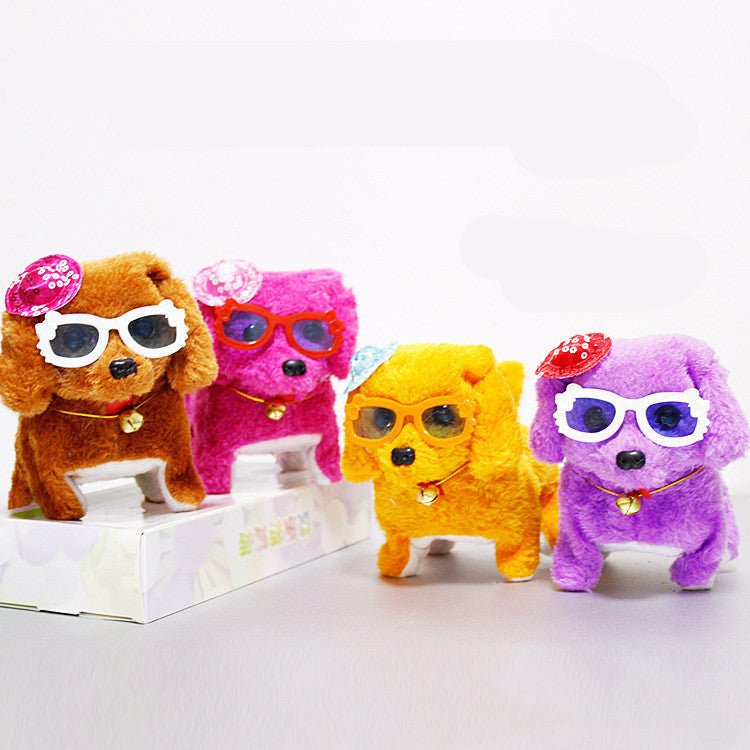 Electronic robot dog simulation teddy walking rope puppy $10.49 Dana Fashion Color: B Toys & Hobbies Product Name: Electric Musical Plush Dog Material: Electronics + Plush Product weight: 110 g Product color: purple, yellow, brown, rose red Product size: