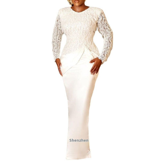 Elegant Lace Tassel Waist-controlled Long Sleeves Mop Dress $64.00 Dana Fashion Color: White Size: L Women's clothing Product information: Color: White Size: S,M,L,XL,XXL,XXXL Style type: temperament commute Style: Basic Fabric name: lace Sleeve type: reg