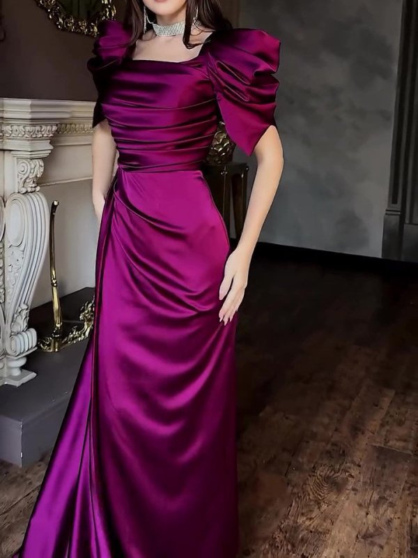 Elegant Puff Sleeve Pleated Slit Maxi Dress $65.22 Dana Fashion Color: Rose Size: L Women's clothing Details Design: Solid Color Style:Elegant Thickness: Regular Material: Polyester Occasion: Party，Wedding Size & Fit Dress Length:Maxi Elasticity:Inelastic