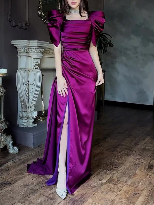 Elegant Puff Sleeve Pleated Slit Maxi Dress $65.22 Dana Fashion Color: Rose Size: L Women's clothing Details Design: Solid Color Style:Elegant Thickness: Regular Material: Polyester Occasion: Party，Wedding Size & Fit Dress Length:Maxi Elasticity:Inelastic
