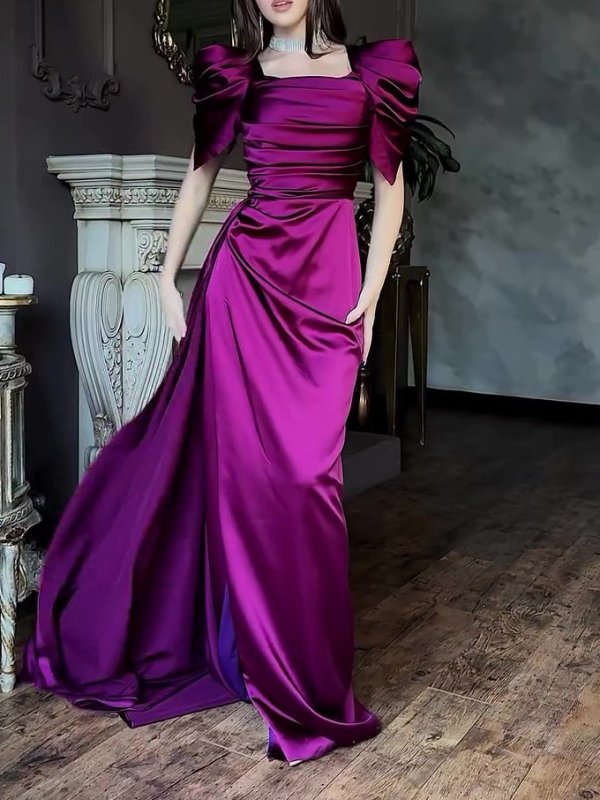 Elegant Puff Sleeve Pleated Slit Maxi Dress $65.22 Dana Fashion Color: Rose Size: L Women's clothing Details Design: Solid Color Style:Elegant Thickness: Regular Material: Polyester Occasion: Party，Wedding Size & Fit Dress Length:Maxi Elasticity:Inelastic