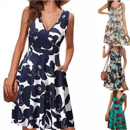 Elegant V-neck Sleeveless Vest Printed Pocket Dress Women $35.00 Dana Fashion Color: Gray Size: L Women's clothing Product information: Pattern: plants and flowers Skirt-type: A- line skirt Color: navy blue, gray, white, green, maximum code gram weight-27
