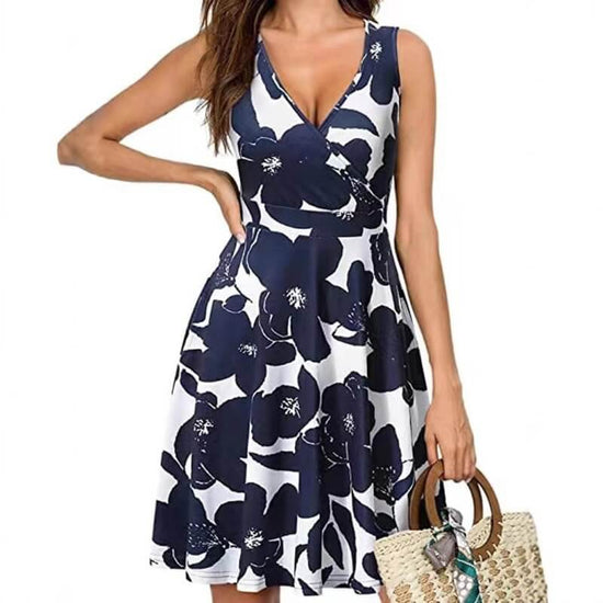 Elegant V-neck Sleeveless Vest Printed Pocket Dress Women $35.00 Dana Fashion Color: Gray Size: L Women's clothing Product information: Pattern: plants and flowers Skirt-type: A- line skirt Color: navy blue, gray, white, green, maximum code gram weight-27