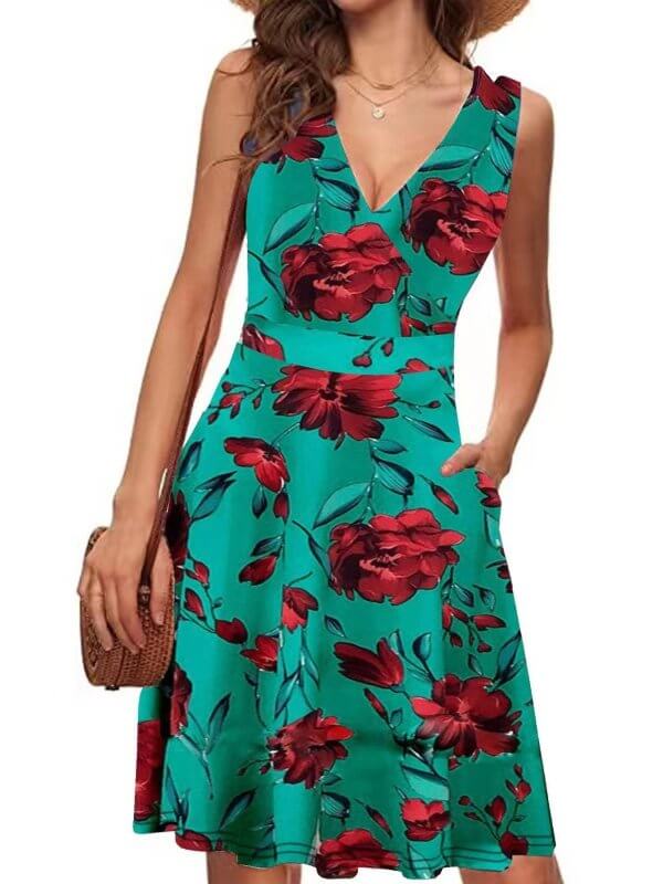 Elegant V-neck Sleeveless Vest Printed Pocket Dress Women $35.00 Dana Fashion Color: Green Size: L Women's clothing Product information: Pattern: plants and flowers Skirt-type: A- line skirt Color: navy blue, gray, white, green, maximum code gram weight-2