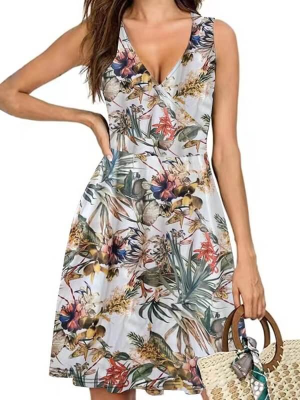 Elegant V-neck Sleeveless Vest Printed Pocket Dress Women $35.00 Dana Fashion Color: White Size: L Women's clothing Product information: Pattern: plants and flowers Skirt-type: A- line skirt Color: navy blue, gray, white, green, maximum code gram weight-2