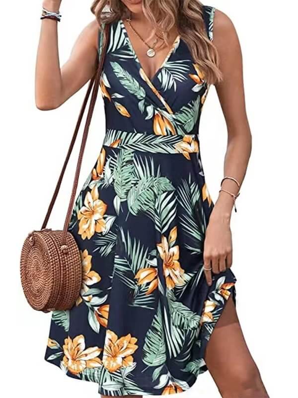 Elegant V-neck Sleeveless Vest Printed Pocket Dress Women $35.00 Dana Fashion Color: Gray Size: L Women's clothing Product information: Pattern: plants and flowers Skirt-type: A- line skirt Color: navy blue, gray, white, green, maximum code gram weight-27