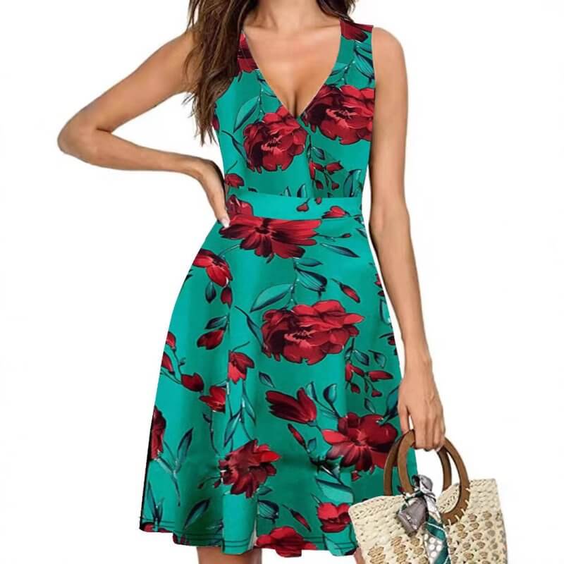 Elegant V-neck Sleeveless Vest Printed Pocket Dress Women $35.00 Dana Fashion Color: Gray Size: L Women's clothing Product information: Pattern: plants and flowers Skirt-type: A- line skirt Color: navy blue, gray, white, green, maximum code gram weight-27