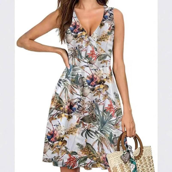 Elegant V-neck Sleeveless Vest Printed Pocket Dress Women $35.00 Dana Fashion Color: Gray Size: L Women's clothing Product information: Pattern: plants and flowers Skirt-type: A- line skirt Color: navy blue, gray, white, green, maximum code gram weight-27