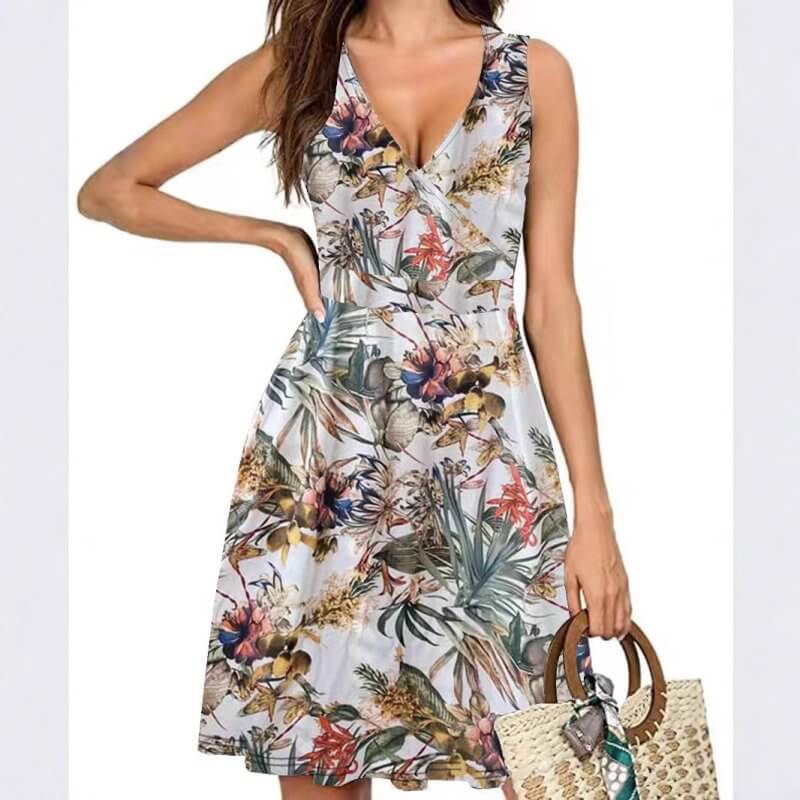 Elegant V-neck Sleeveless Vest Printed Pocket Dress Women $35.00 Dana Fashion Color: Gray Size: L Women's clothing Product information: Pattern: plants and flowers Skirt-type: A- line skirt Color: navy blue, gray, white, green, maximum code gram weight-27