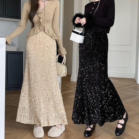 Elegant Velvet Sequined Dress Women's High Waist Slimming $36.90 Dana Fashion Color: Black Size: 2XL Women's clothing Product information: Fabric name: Polyester Skirt type: hip skirt Color: gray, black Size: S,M,L,XL,2XL Skirt length: long skirt Popular