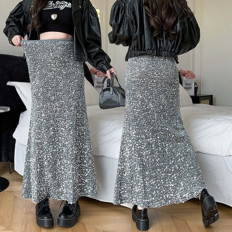 Elegant Velvet Sequined Dress Women's High Waist Slimming $36.90 Dana Fashion Color: Black Size: 2XL Women's clothing Product information: Fabric name: Polyester Skirt type: hip skirt Color: gray, black Size: S,M,L,XL,2XL Skirt length: long skirt Popular