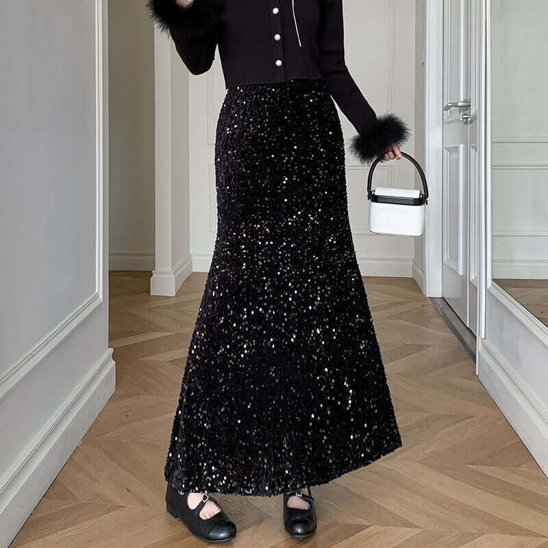 Elegant Velvet Sequined Dress Women's High Waist Slimming $36.90 Dana Fashion Color: Black Size: 2XL Women's clothing Product information: Fabric name: Polyester Skirt type: hip skirt Color: gray, black Size: S,M,L,XL,2XL Skirt length: long skirt Popular