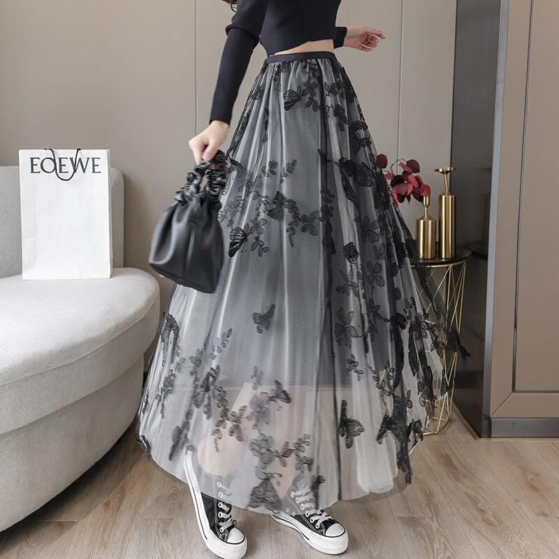 Embroidered Bow Lace Mesh Skirt Women's Mid-length $44.90 Dana Fashion Color: Gray Size: L Women's clothing Product information: Pattern: abstract pattern Fabric name: flannel Color: white, red, black, apricot, Gray Size: S,M,L,XL Note: 1. Asian sizes are