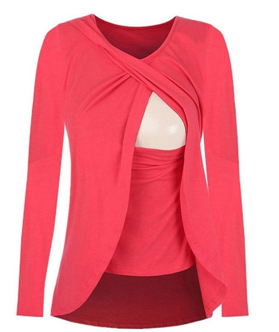 Europe maternity cotton round neck can uncover feeding pregnant women leisure all-match solid color shirt blouse 8962 $26.97 Dana Fashion Color: Red Size: L Baby & Mother Material：Cotton Color：Red，Black，Purple，Green Size：S,M,L,XL,XXL