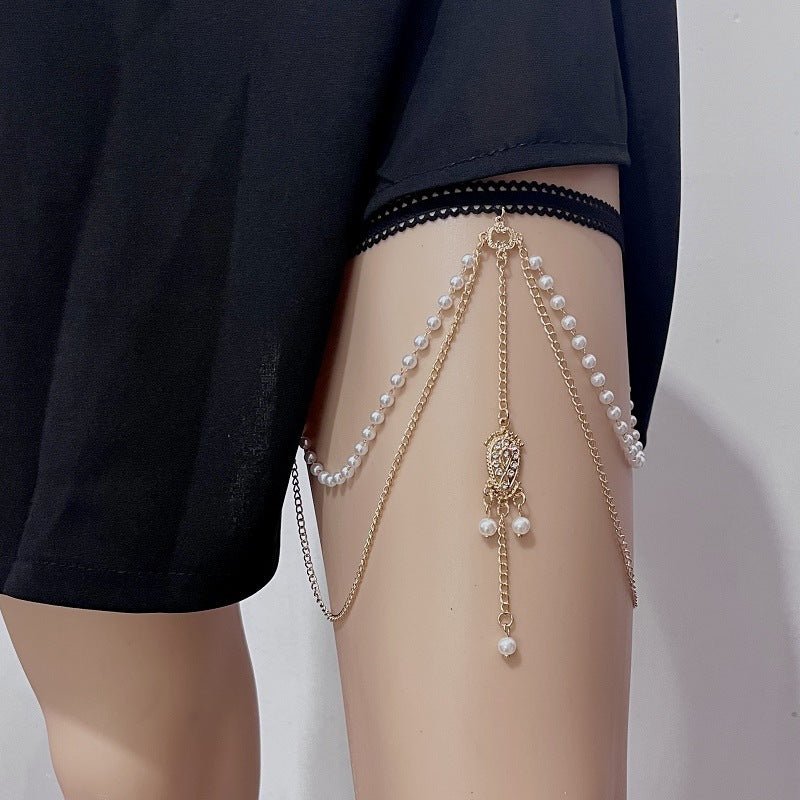 European And American Beach Elastic Multi-layer Pearl Thigh Chain Women $15.00 Dana Fashion Color: Gold Women's Accessories Product information: Type: Anklet Color: Gold Style: Women's Material: Alloy Style: ethnic style Packing list: Leg chain * 1 Produc