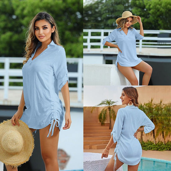 European And American Drawstring Blouse Collar Beach Jacket Head Bikini $45.19 Dana Fashion Color: Light Blue Size: L Women's clothing Product information: Color: ZS2439 White, ZS2439 Black, ZS2439 dark blue, ZS2439 Rose Red, ZS2439 hole Blue, ZS2439 pink