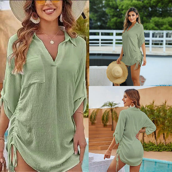 European And American Drawstring Blouse Collar Beach Jacket Head Bikini $45.19 Dana Fashion Color: ZS2439 Light Green Size: L Women's clothing Product information: Color: ZS2439 White, ZS2439 Black, ZS2439 dark blue, ZS2439 Rose Red, ZS2439 hole Blue, ZS2