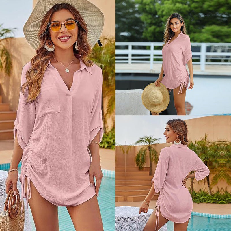 European And American Drawstring Blouse Collar Beach Jacket Head Bikini $45.19 Dana Fashion Color: ZS2439 Pink Size: L Women's clothing Product information: Color: ZS2439 White, ZS2439 Black, ZS2439 dark blue, ZS2439 Rose Red, ZS2439 hole Blue, ZS2439 pin