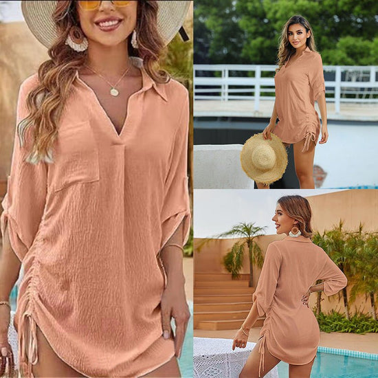 European And American Drawstring Blouse Collar Beach Jacket Head Bikini $45.19 Dana Fashion Color: ZS2439 Orange Size: L Women's clothing Product information: Color: ZS2439 White, ZS2439 Black, ZS2439 dark blue, ZS2439 Rose Red, ZS2439 hole Blue, ZS2439 p