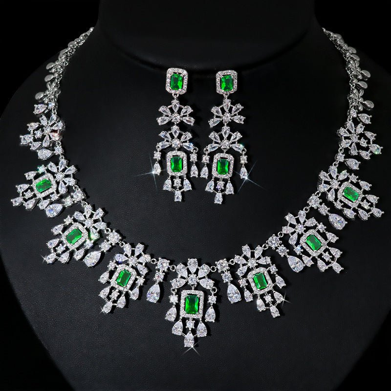 European And American Fashion Retro Square Zircon Necklace Earrings $317.42 Dana Fashion Color: Green Zirconium Women's Accessories Product information: Pendant material: mixed gem inlaid Chain style: O-ring chain Material: zircon Popular elements: round,
