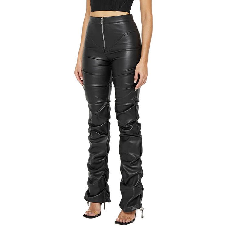 European And American Fashion Tight PU Leather Trousers Personalized Shrinkage Bootcut Trousers Women $59.00 Dana Fashion Color: Black Size: L Women's clothing Product information: Color: brown, dark green, black, Milky White Elasticity: Micro elasticity